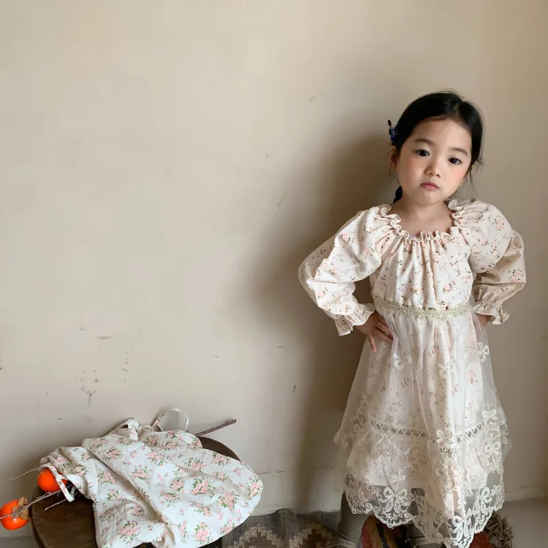 

Осенняя одежда для девочек HAYANA 2021, корейское винтажное платье с цветочным рисунком, кружевной сетчатый фартук, костюм из двух предметов