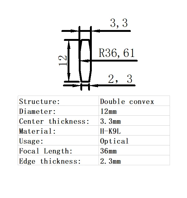 Double Convex Lens Diameter 12mm Focal Length 36mm H-K9L Glass Lens Optical Glass Optical Lens
Double Convex Lens Diameter 12mm Focal Length 36mm H-K9L Glass Lens Optical Glass Optical Lens