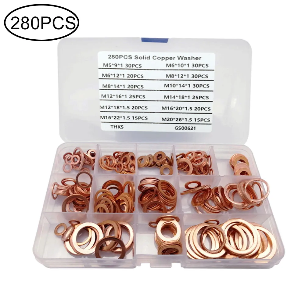 

280pcs Copper Washer M5 M6 M8 M10 M12 M14 M16 M20 Flat Ring Gasket Sealing Washer Flat Seal Assortment Kit with Box For Hardware