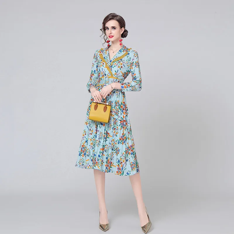 Women Spring Designer Elegant Print Dress Sexy Slim Lady Office Cocktail Party Robe Female Blue Vintage Pleated Dress Vestidos
Women Spring Designer Elegant Print Dress Sexy Slim Lady Office Cocktail Party Robe Female Blue Vintage Pleated Dress Vestidos
