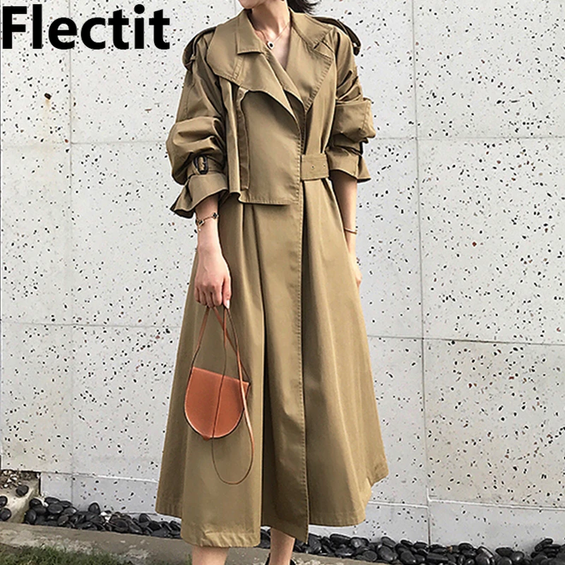 

Flectit Long Trench Coat Women Notch Lapel Long Sleeve Tan Trenchcoat with Belt Fall Winter *