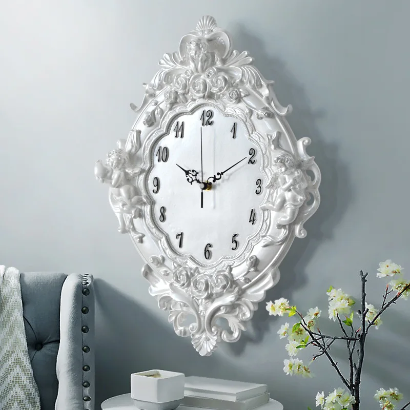 

European angel wall clock Resin Rose Flower and watches Classic For style living room bedroom mute Cupid resin angel clock gift