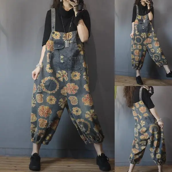 Retro printed denim suspenders women's 2021 spring and summer new loose and versatile make old holes show thin casual pants
Retro printed denim suspenders women's 2021 spring and summer new loose and versatile make old holes show thin casual pants