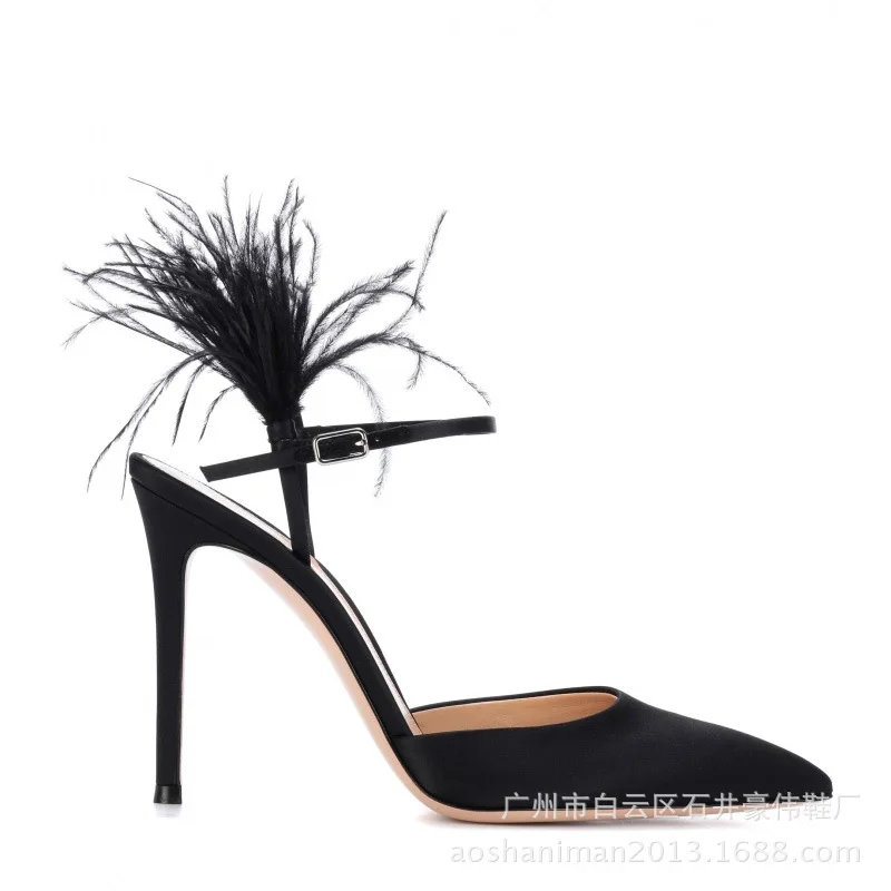 Women's summer 2019 black one line buckle hollow pointed feather sandals slim heel high heels
Women's summer 2019 black one line buckle hollow pointed feather sandals slim heel high heels