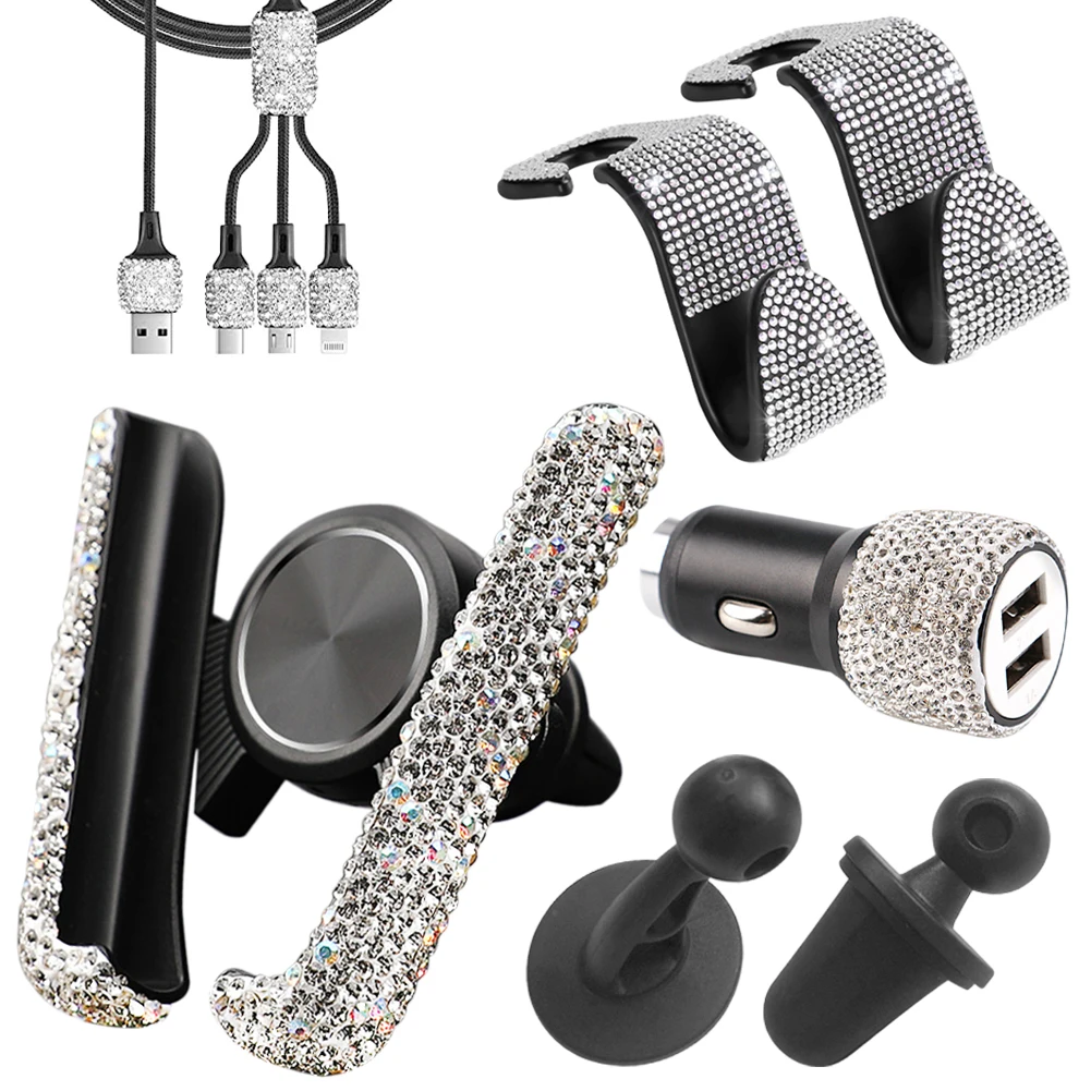 3 In 1 Charging Cable and Hooks 5PCS Shiny Car Accessories Set Bling Rhinestone Kit w/ Dual USB Car Charger Air Vent Phone Mount
3 In 1 Charging Cable and Hooks 5PCS Shiny Car Accessories Set Bling Rhinestone Kit w/ Dual USB Car Charger Air Vent Phone Mount