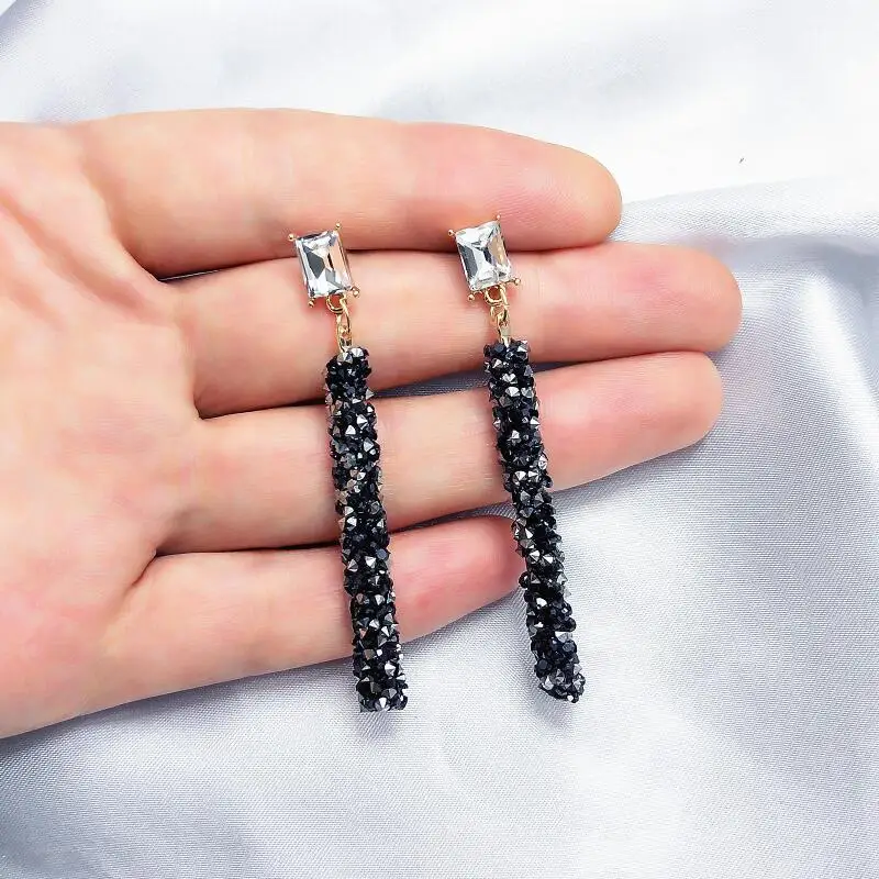 Серьги с кристаллами женские длинные висячие ювелирные украшения черного белого