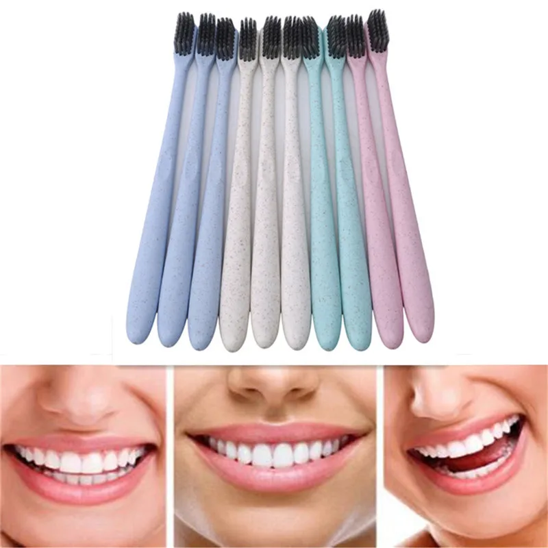 

10Pcs/Set Eco Friendly Toothbrush Natural Wheat Straw Handle Bamboo Charcoal Bristle Adult Soft Ultra Fine Bristles Toothbrushes