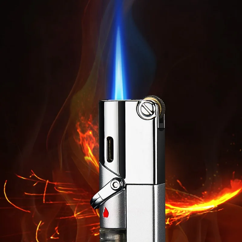 

Personalized Side Sliding Grinding Wheel Ignition Straight The Blue Flame Windproof Lighter Fixed Fire Switch Visual Air Box