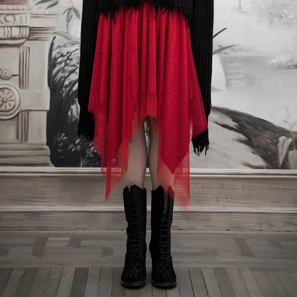 

Women's Gothic High Waist Asymmetric Hem Women Skirts Daily Black Red Eyelet Tie Rope Mesh Half Skirt PUNK RAVE