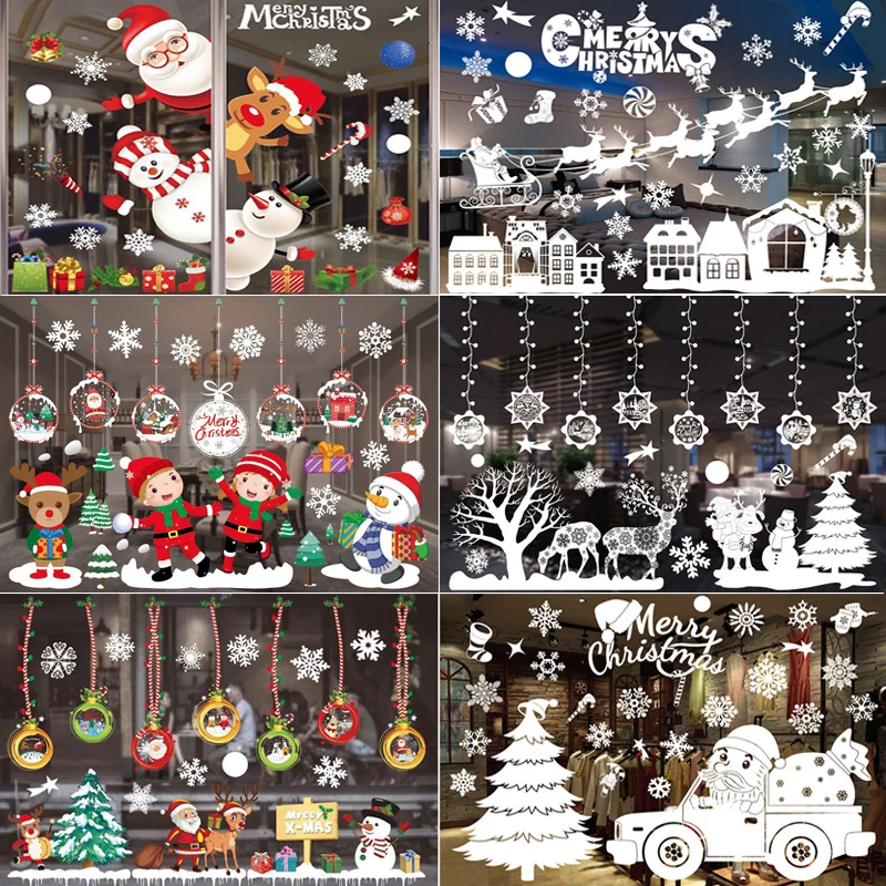 

Merry Christmas Snowflake Reindeer Window Sticker Clings Xmas Wall Stickers Christmas Decorations for Home 2022 New Year Sticker