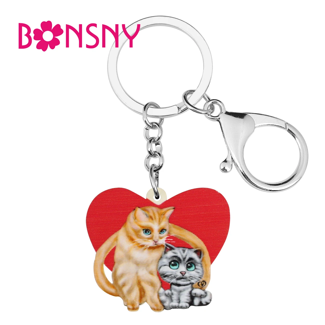 

BONSNY Valentine's Day Acrylic Orange Heart Shape Cat Kitten Keychains Ring Fashion Key Chain Teens Gift Jewelry For Women Girls