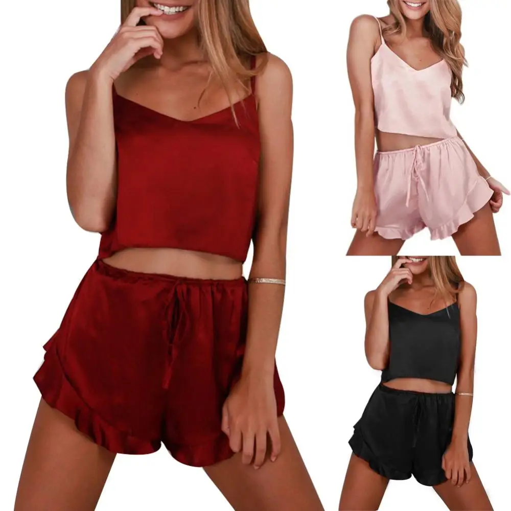 Sexy Women Sleepwear Set Sleepwear Pajamas 2Pcs/Set Solid Color V Neck Camisole Top Ruffled Shorts Nightwear
Sexy Women Sleepwear Set Sleepwear Pajamas 2Pcs/Set Solid Color V Neck Camisole Top Ruffled Shorts Nightwear