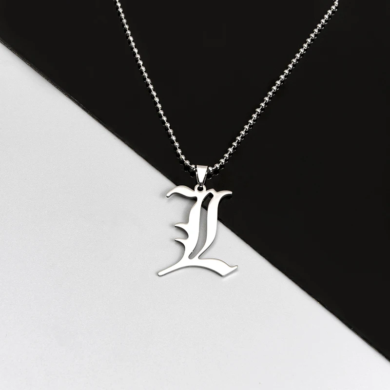 Anime Death Note L Lawliet Necklace Stainless Steel Old English Letter Pendant Beads Chain Necklaces Cosplay Jewelry Accessories 
Anime Death Note L Lawliet Necklace Stainless Steel Old English Letter Pendant Beads Chain Necklaces Cosplay Jewelry Accessories