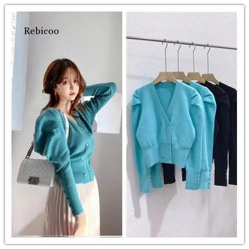 Winter women sweater Pure color v-neck western style bubble sleeve fashionable retro double-breasted knitted flashing cardigan
Winter women sweater Pure color v-neck western style bubble sleeve fashionable retro double-breasted knitted flashing cardigan