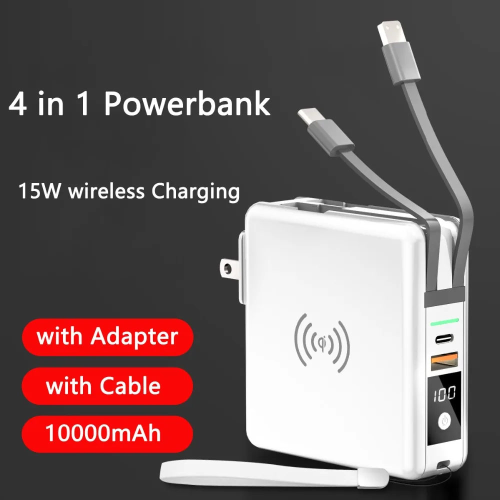 

4 в 1 15 Вт Qi Беспроводное зарядное устройство Power Bank 10000 мАч встроенный кабель штекер PD18W быстрое зарядное устройство Powerbank для iPhone 12 Samsung Xiaomi