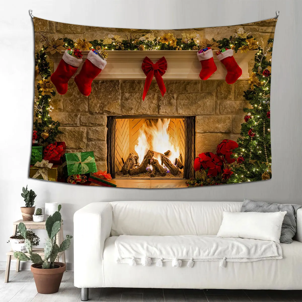 

Merry Christmas Tapestry Fireplace Xmas Tree Stockings Gifts Wall Hanging Art for Living Room Dorm Festival Decor in 150x230cm