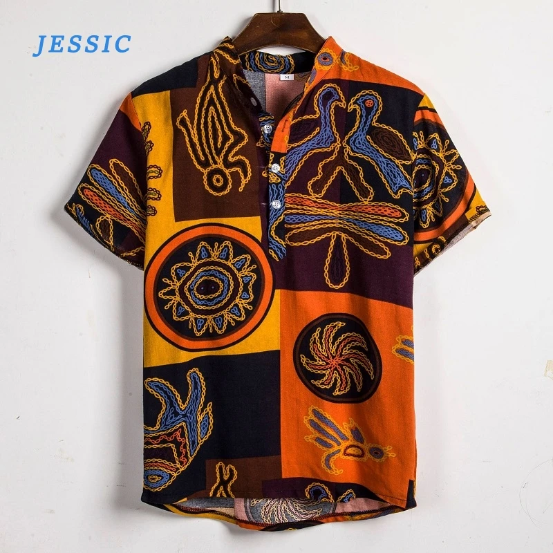 

JESSIC Hawaiian Shirt Mens Summer Ethnic Short Sleeve Shirt Casual Cotton Linen Printing Shirt Tops Streetwear Blouse