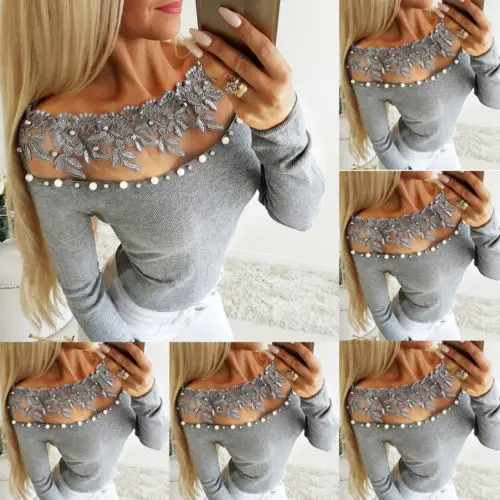 Womens Ladies Round Neck Off Shoulder Longsleeve Casual Slim Fit Plain Stretch Prespective Basic Top | Женская одежда