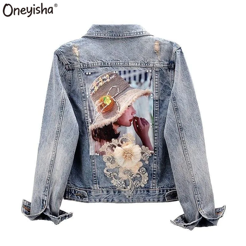 

Women Denim Jacket Feminine Printed Outerwear Female Veste Femme Cowboy Tops Female New Spring Autumn Short Outwear Jean Jackets