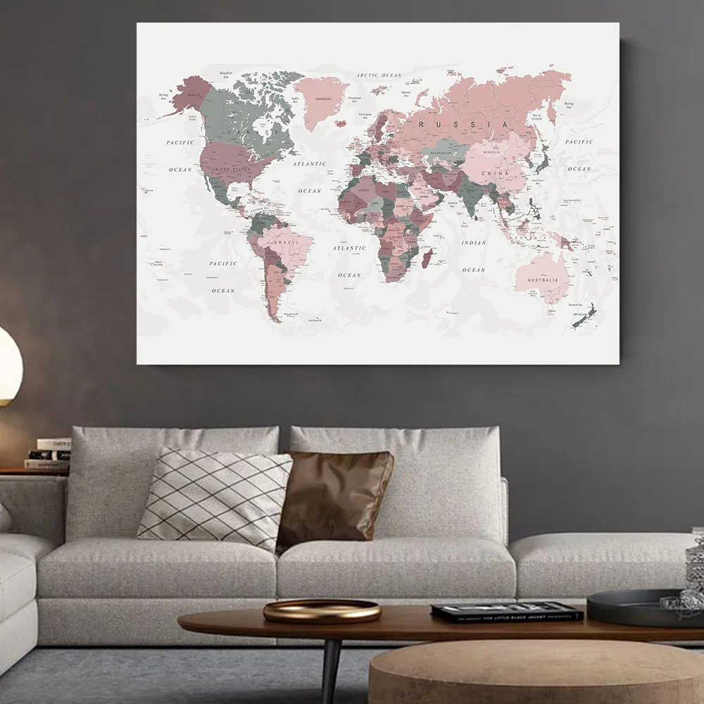 DDHH карта мира холст печать румян розовый и охотник зеленая постер декор для