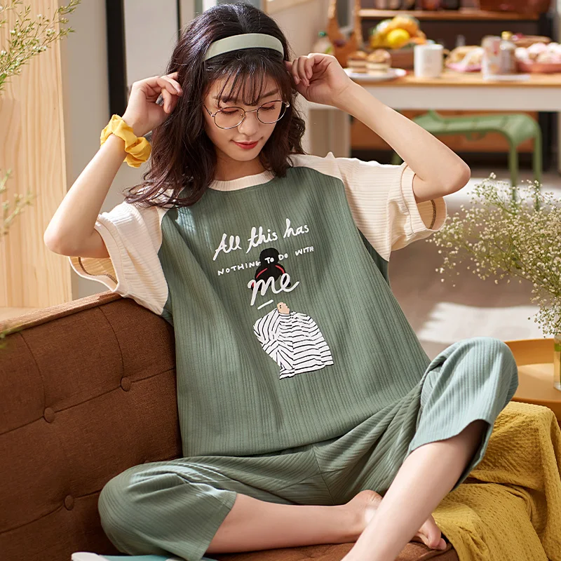 New Plus Size Women's Pajamas Cotton Sleepwear Set Home Clothes Pijama Mujer Summer Pyjamas Femme Nightgown Calf-length Pant 
New Plus Size Women's Pajamas Cotton Sleepwear Set Home Clothes Pijama Mujer Summer Pyjamas Femme Nightgown Calf-length Pant