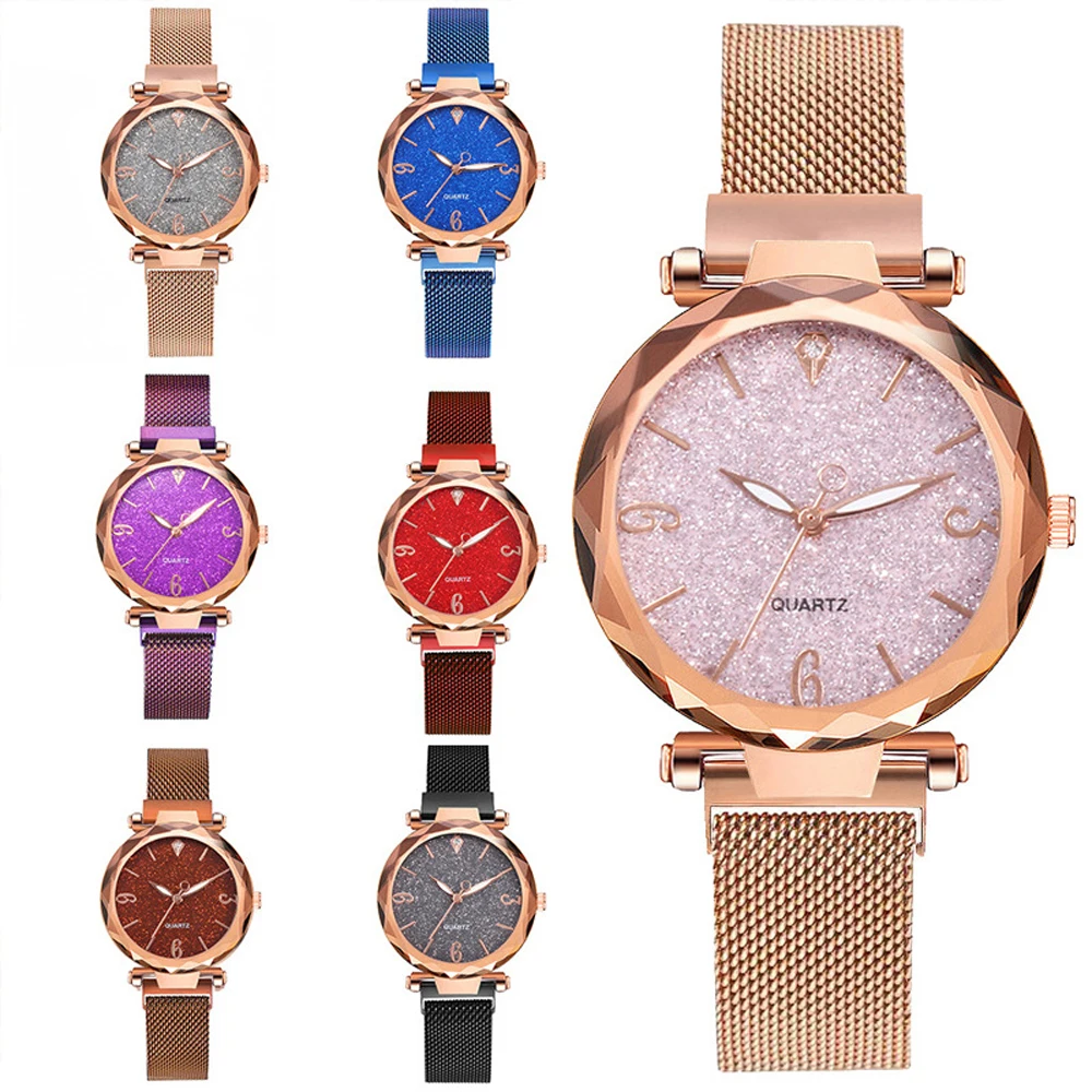 Женские наручные часы с сетчатым браслетом цвета розового золота магнитной