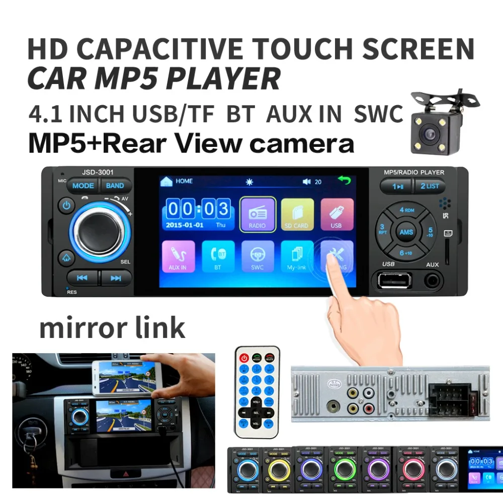 

4" Touch Screen Bluetooth Car Radio 1Din Mirror Link Autoradio Stereo Audio MP5 Video 4 LED Rear View Camera usb aux Player 3001