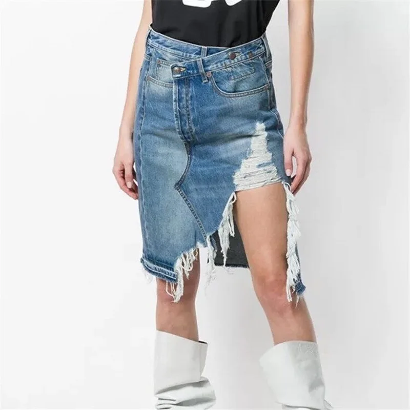 

Women's Light Denim Frayed Hem Asymmetric Studded Embellished Front Midi Skirt