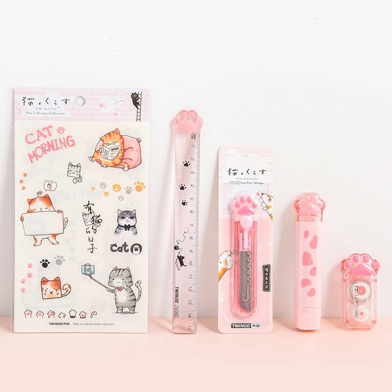 

Kawaii Cat Claw Learning Set Learning Stationery Ruler Utility Knife Pencil Sharpener Point Glue Correction Tape Bangtan Boys