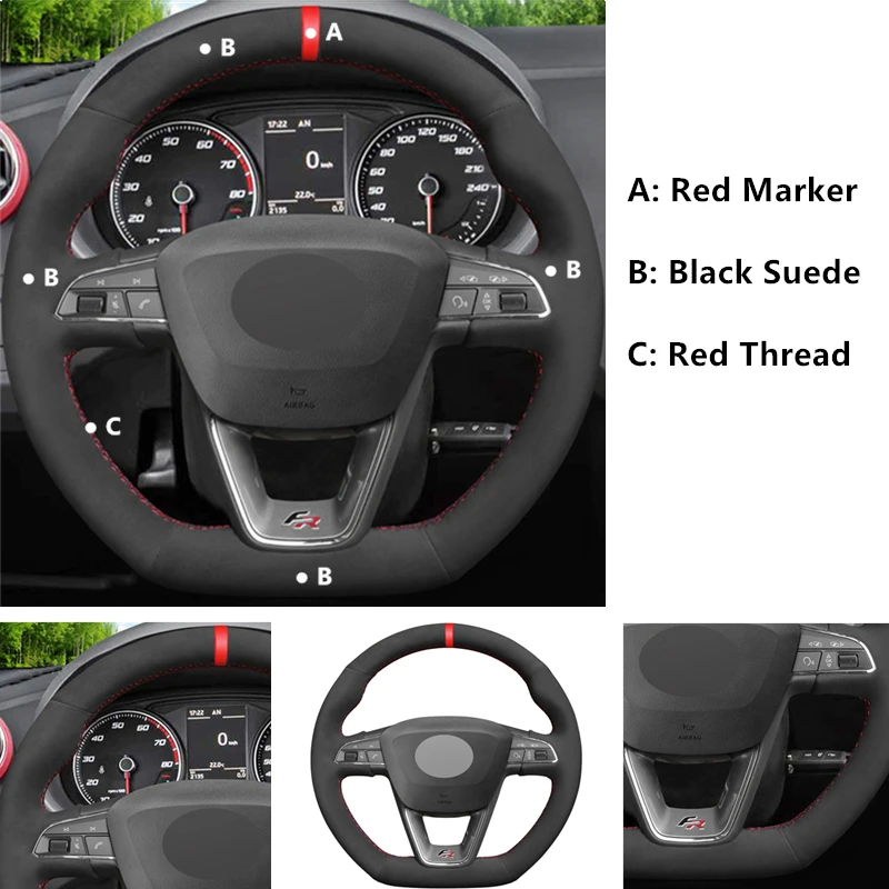 Черный замшевый красный маркер чехол рулевого колеса автомобиля для Seat Leon Cupra R ST