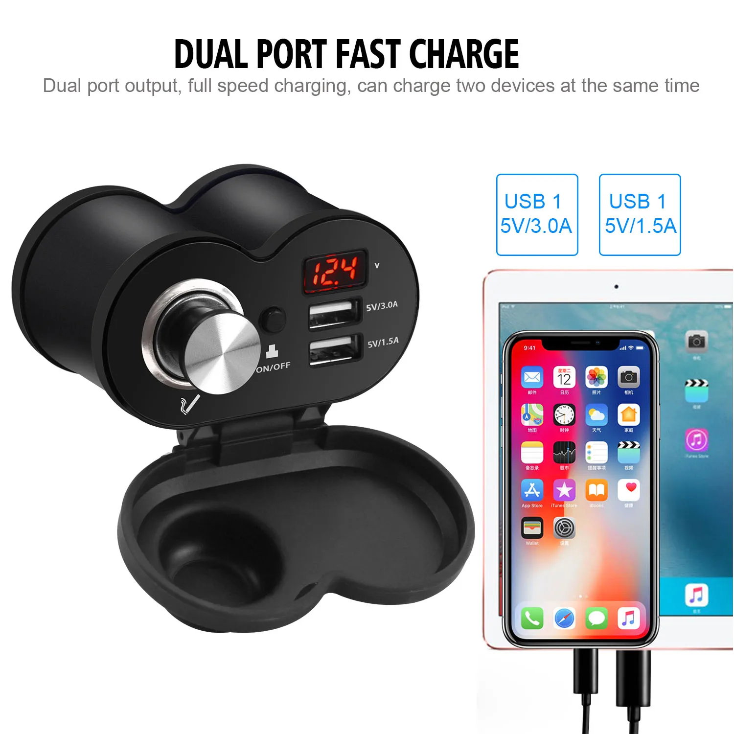 QC 3.0 Quick Charge 5V 3.0A/1.5A Dual USB Motorcycle Cigarette Lighter USB Charger with Voltmeter Time Display with On/Off Swith
QC 3.0 Quick Charge 5V 3.0A/1.5A Dual USB Motorcycle Cigarette Lighter USB Charger with Voltmeter Time Display with On/Off Swith