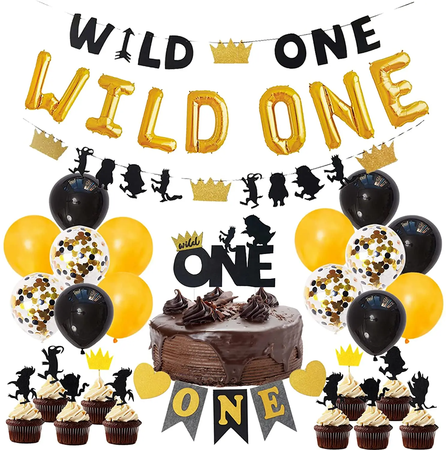 Wild One Birthday Party Decorations Black and Gold Wild One Balloons Banner Cake Toppers for Boys 1st Birthday Party Supplies
Wild One Birthday Party Decorations Black and Gold Wild One Balloons Banner Cake Toppers for Boys 1st Birthday Party Supplies