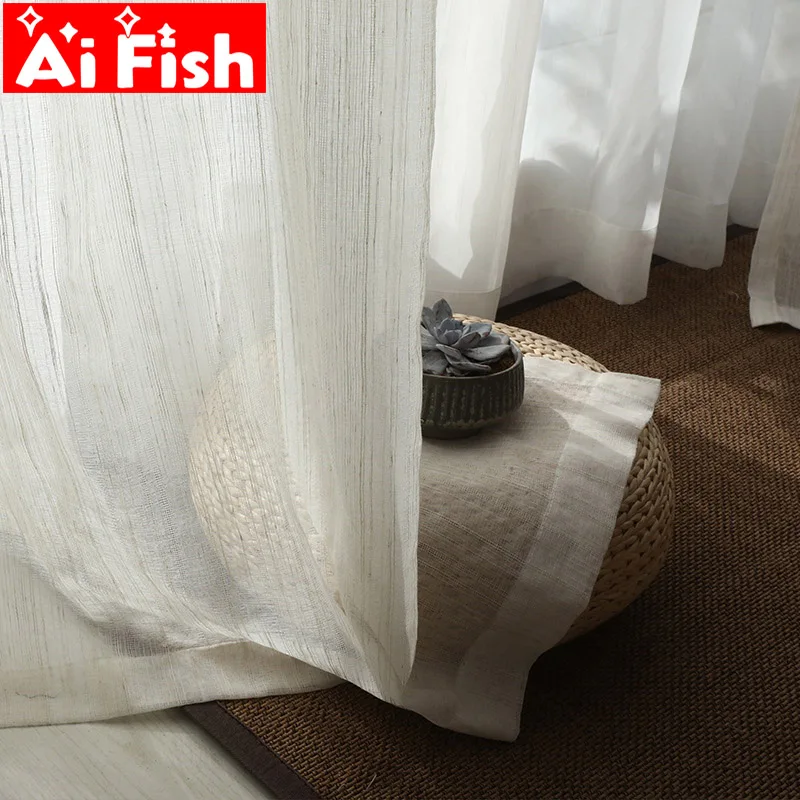 

Nordic Cotton and Linen Curtain Tulle Drapes Japanese Style Fresh Stripe Gorgeous Bedroom Sheer Decorative Balcony Yarn M170#5