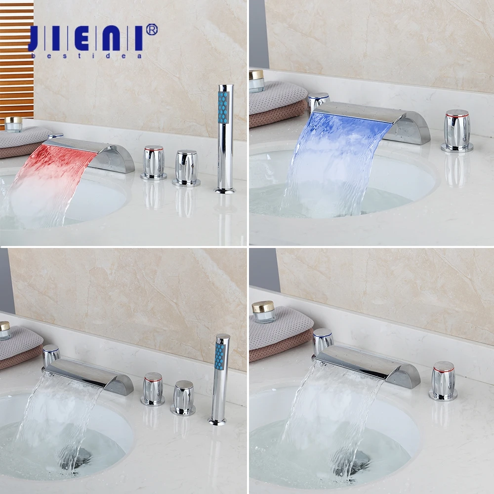

JIENI LED Waterfall Bathroom Bathtub Faucet Deck Mounted Chrome Brass Washbasin Bathroom Tap 5 Pcs Set Flush Water Mixer Taps