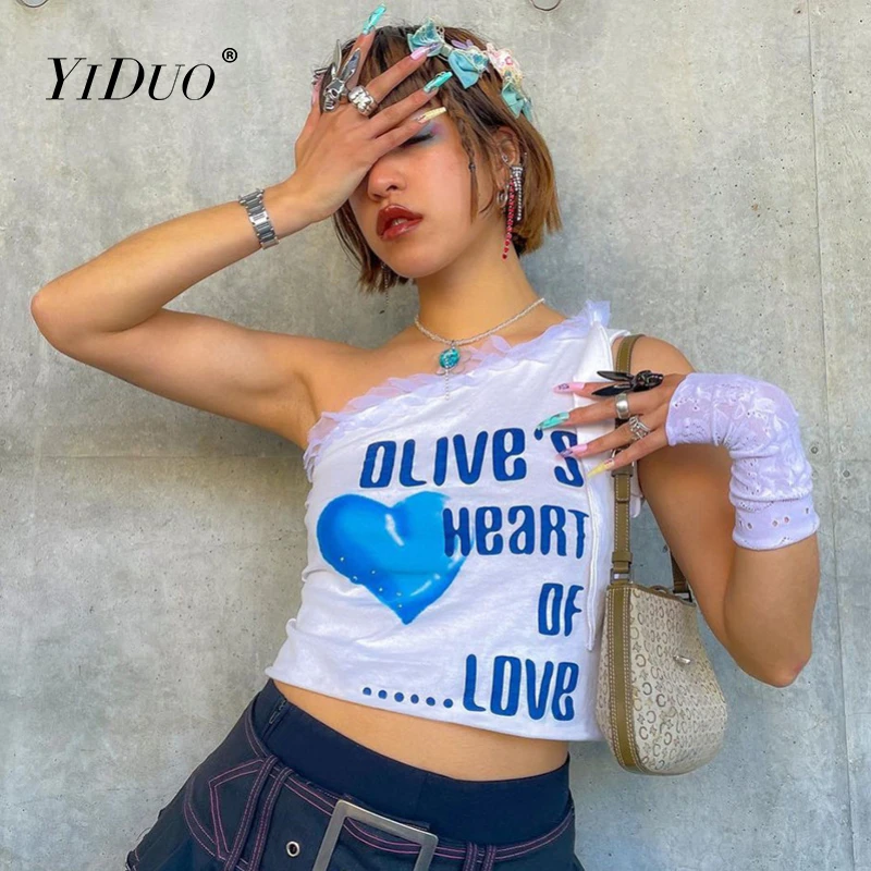 Майка женская с оборками на одно плечо, с надписью, в стиле Харадзюку
Майка женская с оборками на одно плечо, с надписью, в стиле Харадзюку