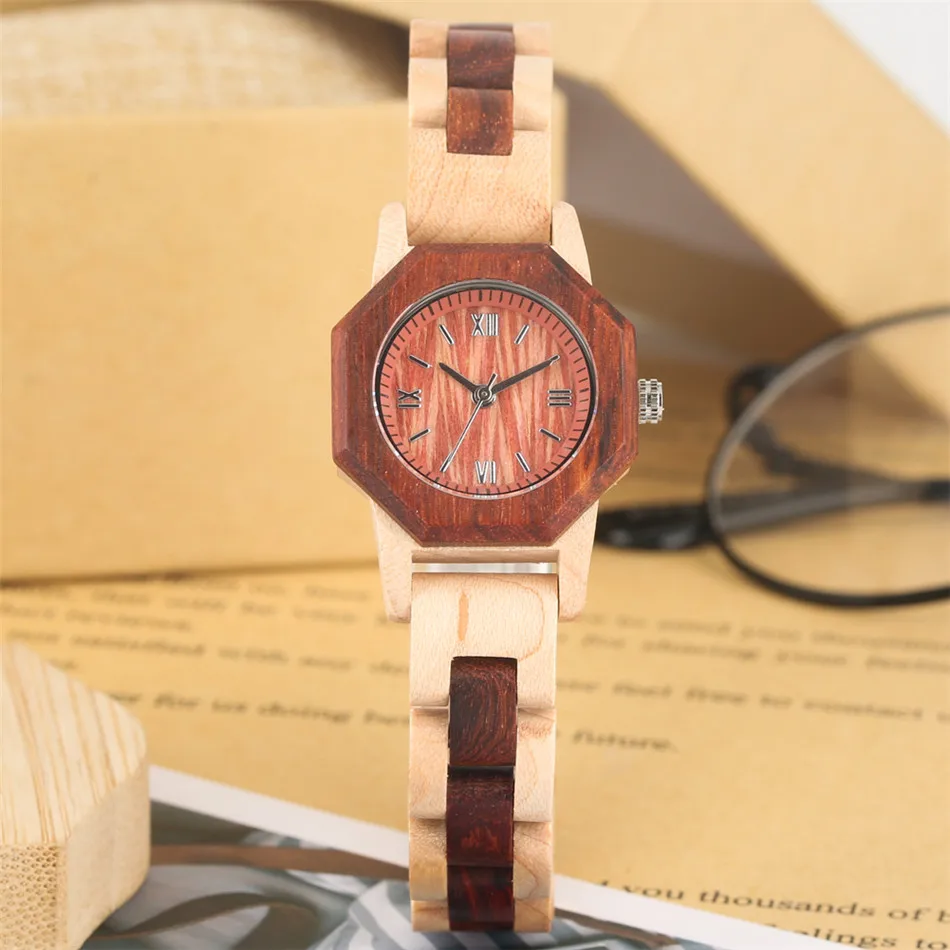 

Trendy Hexagon Wood Watch Case Ladies Full Wooden Bracelet Quartz Wristwatch Roman Numerals Analog Display Female Casual Watche