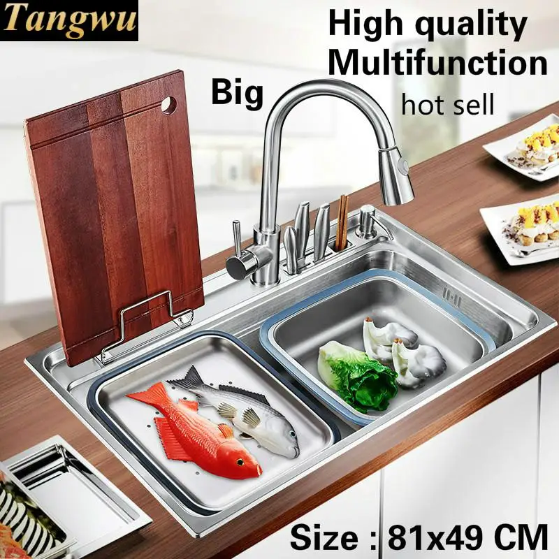 

Free shipping Standard fashion kitchen sink Food-grade 304 stainless steel large single groove fittings complete 81x49 CM