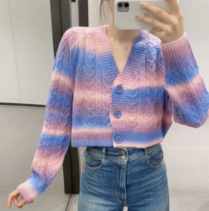 

Fashion Sweater Women Knitted Cardigans Harajuku Lazy Style Ladies V-Neck Button Striped Tie-Dye Print Cardigan Knitwear Top