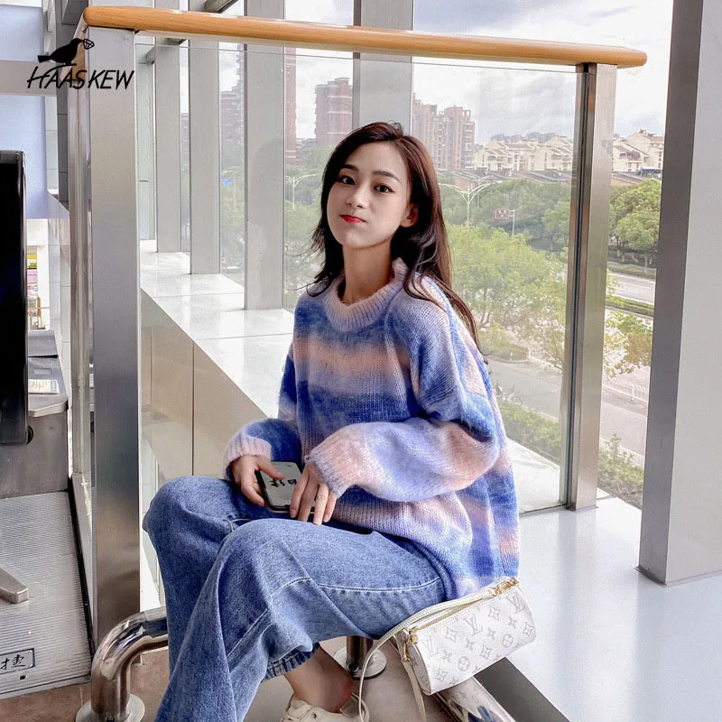 HAASKEW Rainbow Striped Women's Sweater Loose Tie-Dye Candy Pullover 2021New O-neck Long Sleeve Warm Knitted Sweater Women's Top
HAASKEW Rainbow Striped Women's Sweater Loose Tie-Dye Candy Pullover 2021New O-neck Long Sleeve Warm Knitted Sweater Women's Top