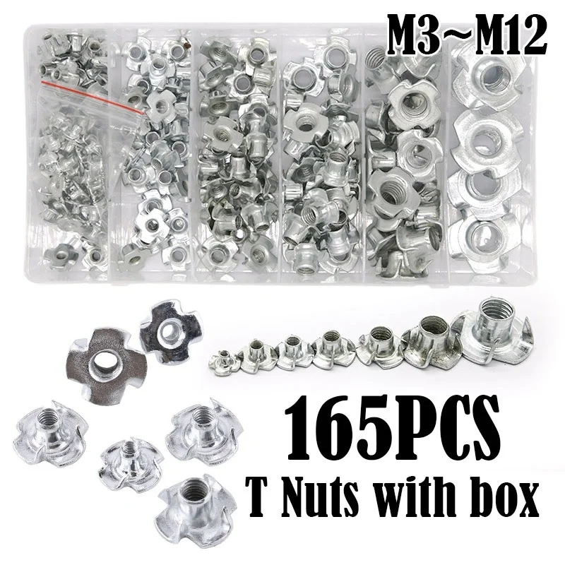 

165pcs 80pcs M3 M4 M5 M6 M8 M10 M12 Zinc Plated Four Claws Nut Speaker Nut T-nut Blind Pronged Tee Nut Furniture Hardware