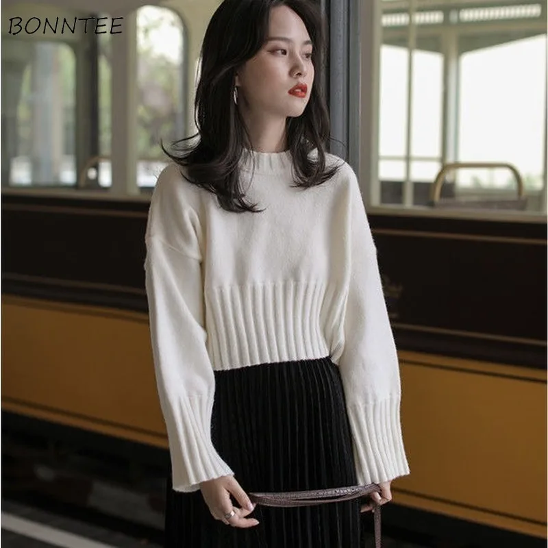 Women Pullover Winter Short Style Sweater Solid White Pleated Loose All-match O-neck Defined Waist Simple Elegant Fashion Chic
Women Pullover Winter Short Style Sweater Solid White Pleated Loose All-match O-neck Defined Waist Simple Elegant Fashion Chic