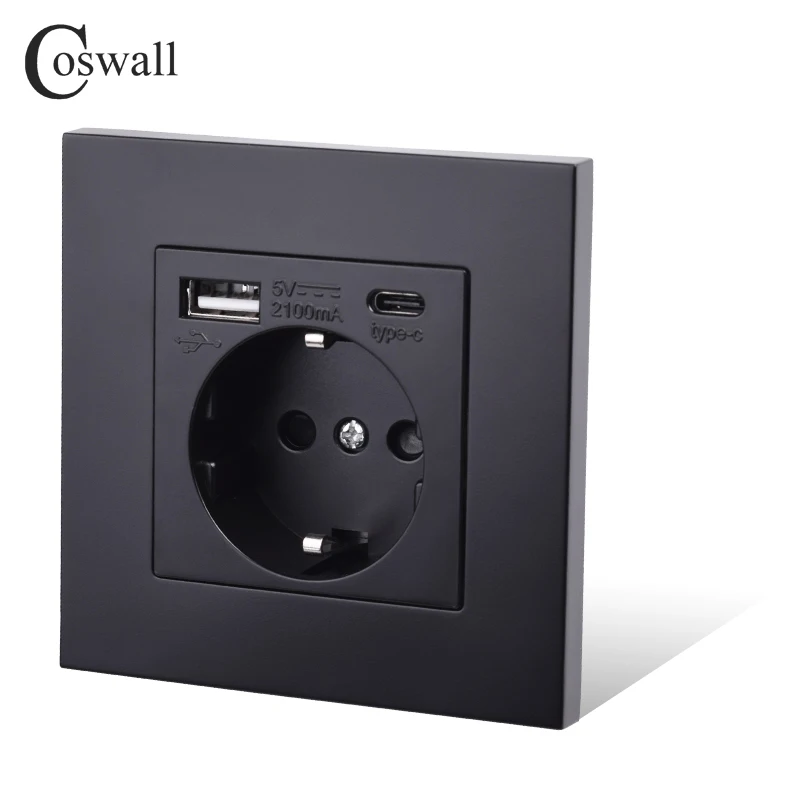 

COSWALL EU Spain Russia Wall Socket Grounded USB Type A & Type-C Charge Port 2A Output Max. PC Panel Matte Black E20 Series