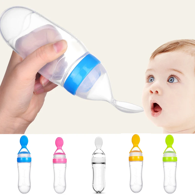

90ml Silicone Baby Feeding Bottle With Spoon Newborn Infant Squeeze Spoon Toddler Food Supplement Rice Cereal Bottle Milk Feeder