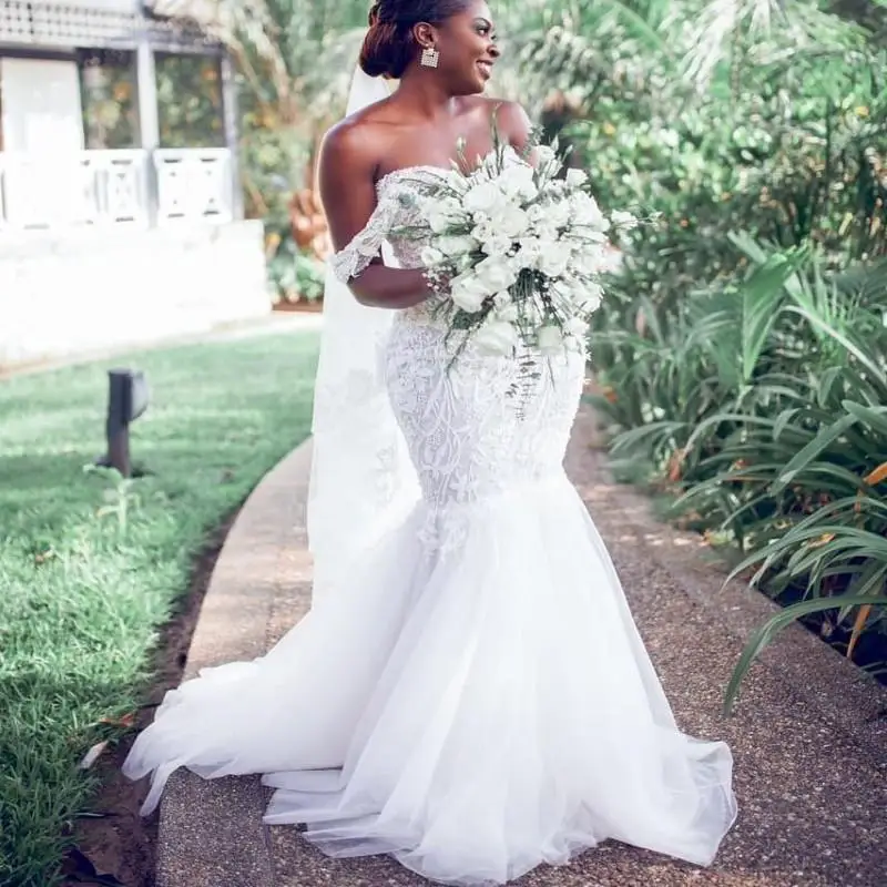 Mermaid Wedding Dresses Plus Size Off The Shoulder Lace Appliques Bridal Gowns For Black Girls Tulle vestidos de novia
Mermaid Wedding Dresses Plus Size Off The Shoulder Lace Appliques Bridal Gowns For Black Girls Tulle vestidos de novia
