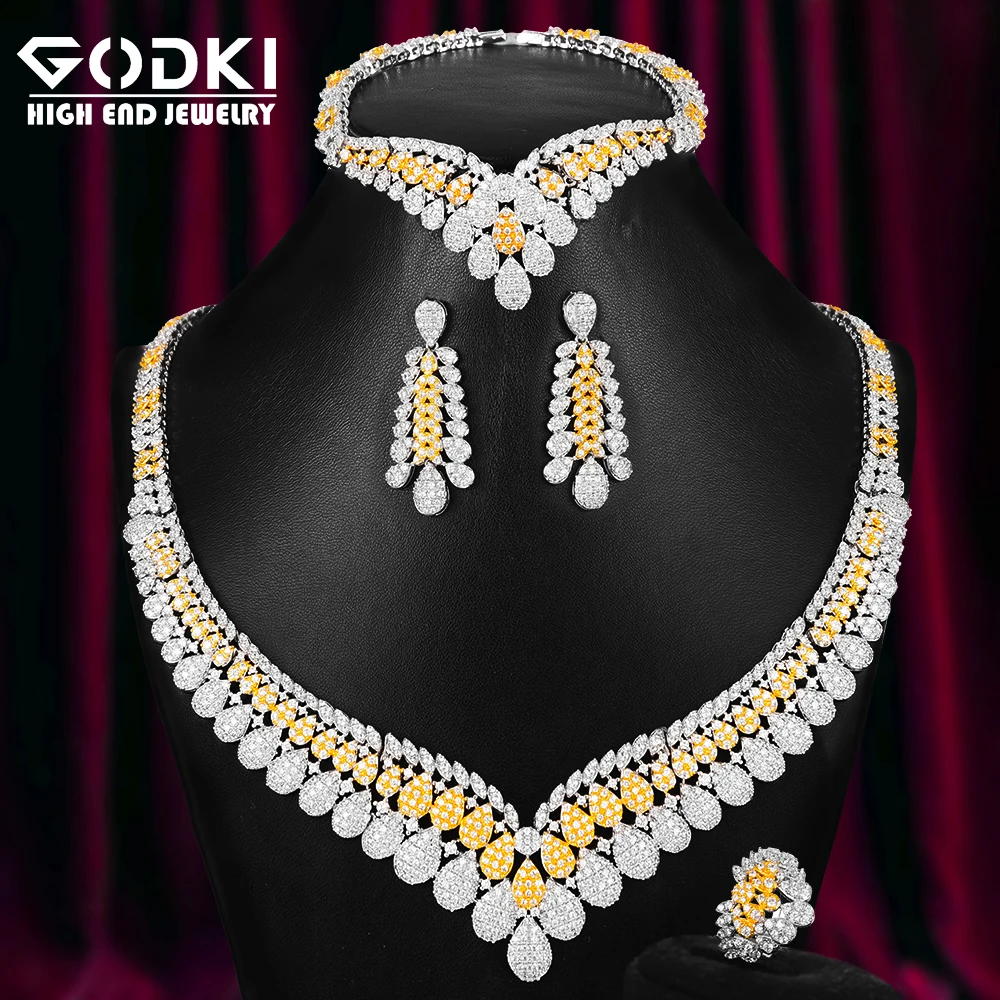 

GODKI BIG Fashion Luxury 4PCS 2 Tone leaves African Jewelry Set For Women Wedding Party Zirconia Indian Dubai Bridal Jewelry Set