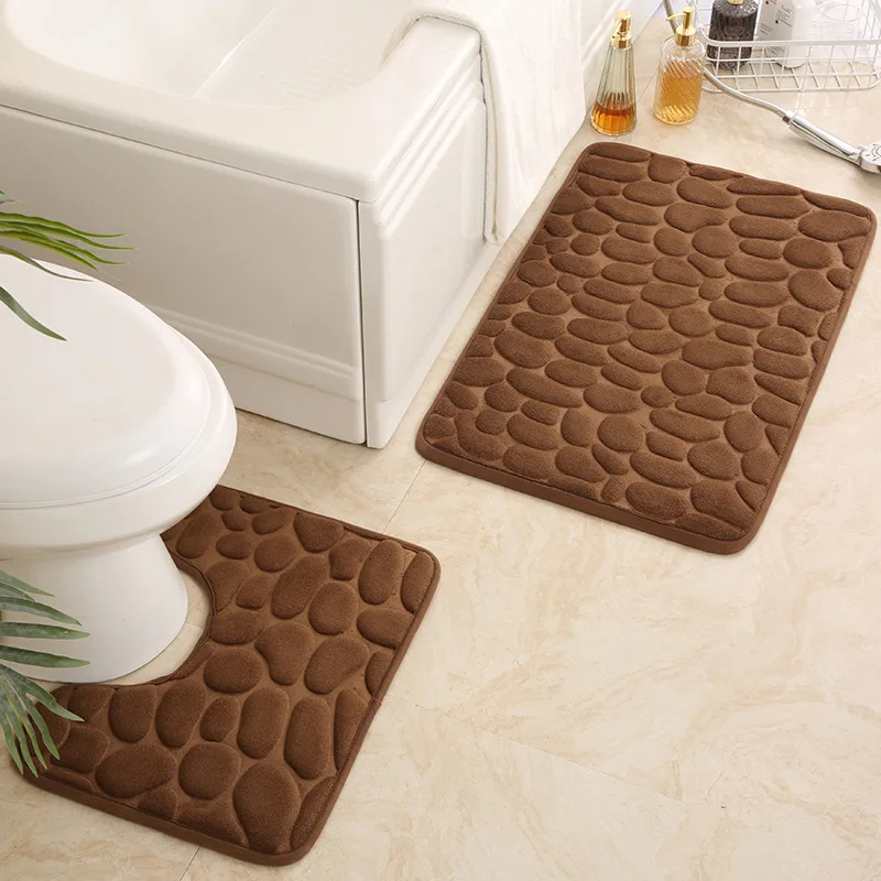 

Stone Embossed Bath Mat 2pcs/set Comfortable Rebound Foot Mat Toilet U-Shaped Floor Mat Non-Slip Absorbent Bathroom Rug