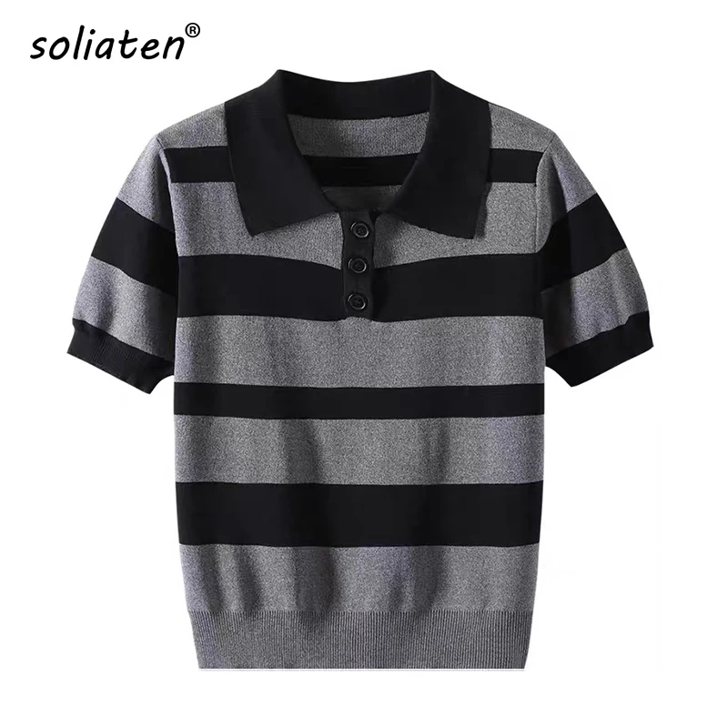 Fashion Buttons Striped T-Shirt Casual Summer Ladies Loose Tee Tops Female Women Short Sleeve Shirt Knitted Pullover B-030
Fashion Buttons Striped T-Shirt Casual Summer Ladies Loose Tee Tops Female Women Short Sleeve Shirt Knitted Pullover B-030
