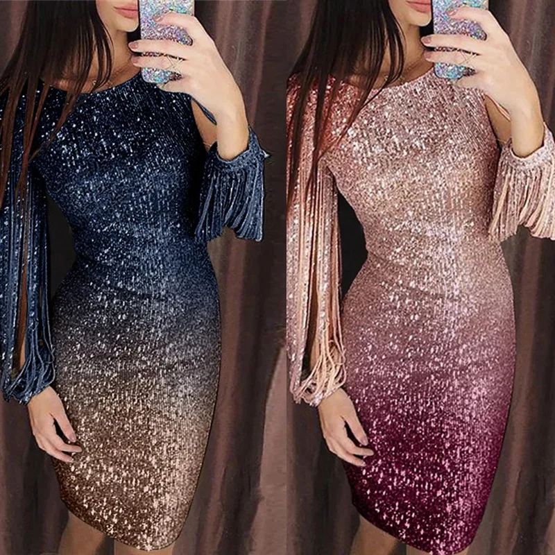 Elegant Tassel Patchwork Long Sleeve Bodycon Dress Women Glitter Gradient Sequines Sexy Party Dress Pencil Skirt
Elegant Tassel Patchwork Long Sleeve Bodycon Dress Women Glitter Gradient Sequines Sexy Party Dress Pencil Skirt