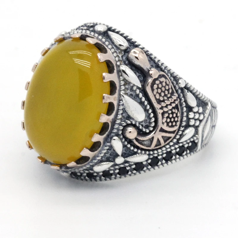 

Мужское кольцо с желтым агатом, винтажное Серебряное кольцо для мужчин и женщин, турецкое Ювелирное Украшение в подарок