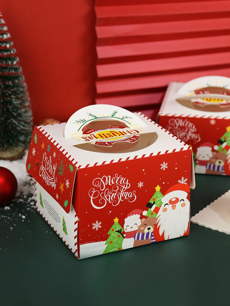 

StoBag 10pcs 4/6/8 Inch Christmas Cake Box New Year Party Hanmade Dessert Decoration For Home Handle Paper Boxes Santa Claus